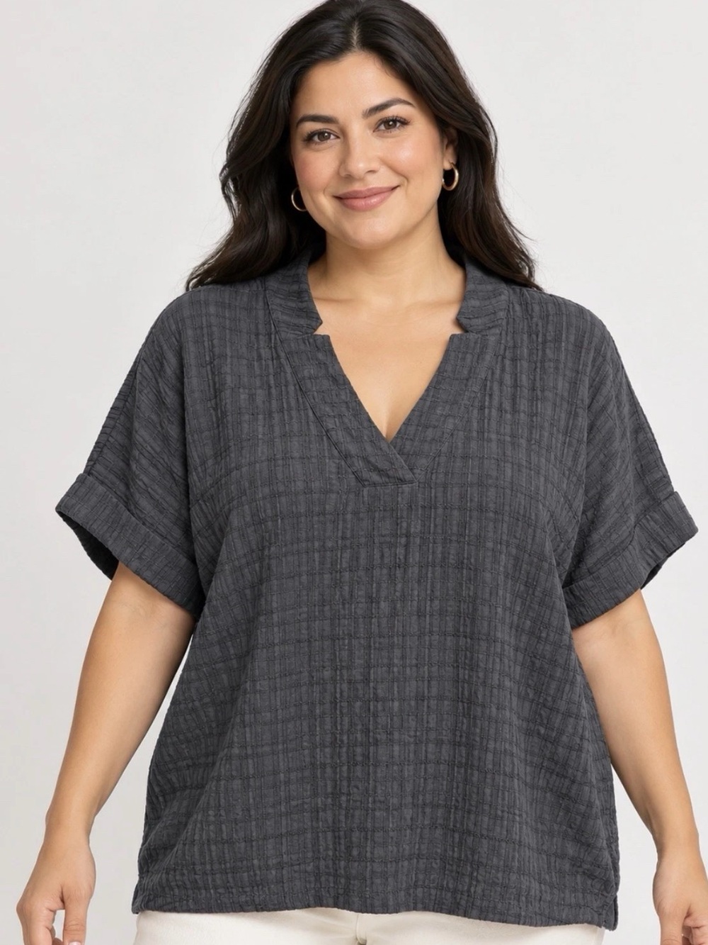 Joan Rivers Textured Notch Collar Pullover Blouse Black Medium A693993